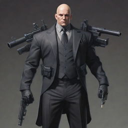 A detailed illustration of a bald villain with an arsenal of firearms and a tank cannon on his back. His half-robotic body is concealed beneath classy mafia clothes, creating a unique and intimidating character.