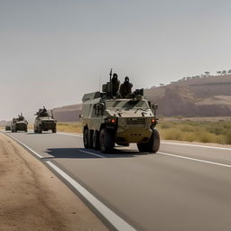 One state-of-the-art armored military vehicle leading a procession, followed by six kidnappers decked in skeleton face masks and normal bullet-proof vests. They move along a solitary one-lane freeway, void of other vehicles, under the stark light of day.