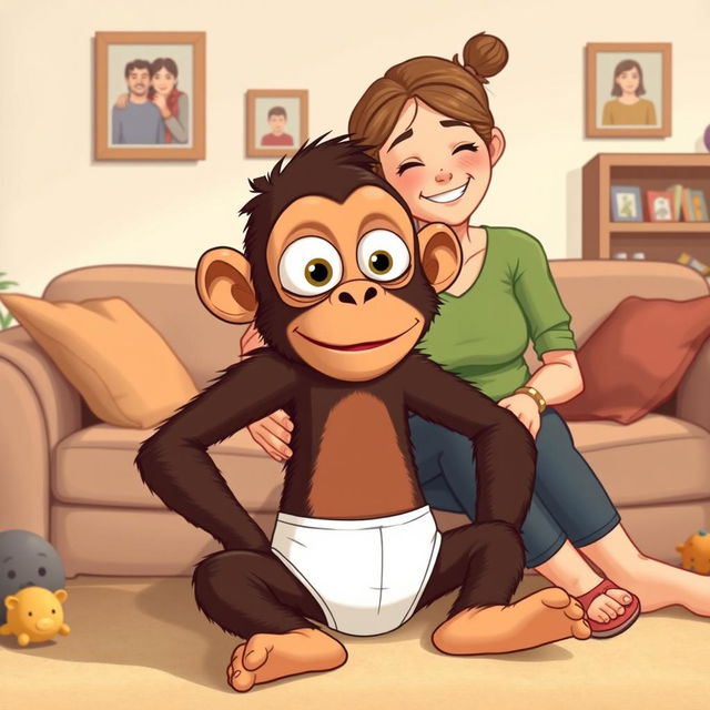 An illustration of Buster, an ape boy with large, expressive eyes, sitting at home