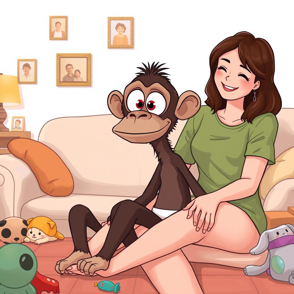 An illustration of Buster, an ape boy with large, expressive eyes, sitting at home