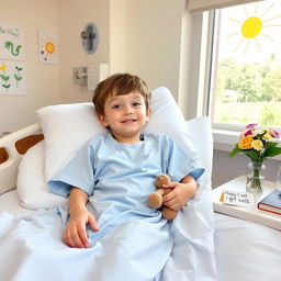 A young boy lying in a hospital bed, wearing a comfortable hospital gown