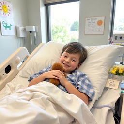 A young boy lying in a hospital bed, wearing a comfortable hospital gown