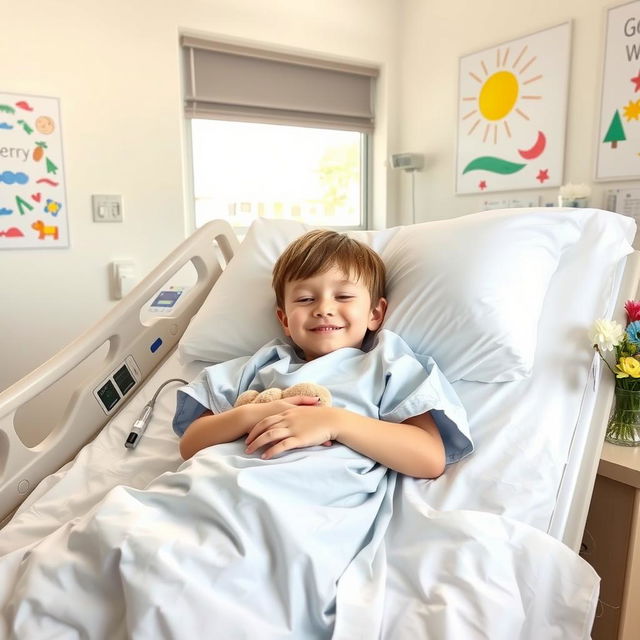 A young boy lying in a hospital bed, wearing a comfortable hospital gown