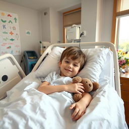 A young boy lying in a hospital bed, wearing a comfortable hospital gown