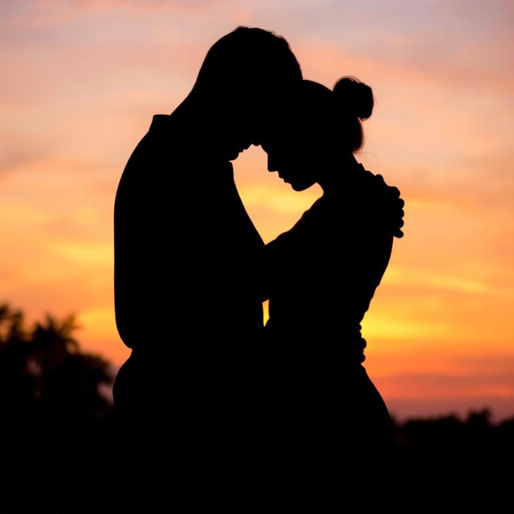 A beautiful silhouette of two people embracing each other in a comforting manner