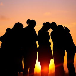 A touching silhouette scene of multiple people comforting each other