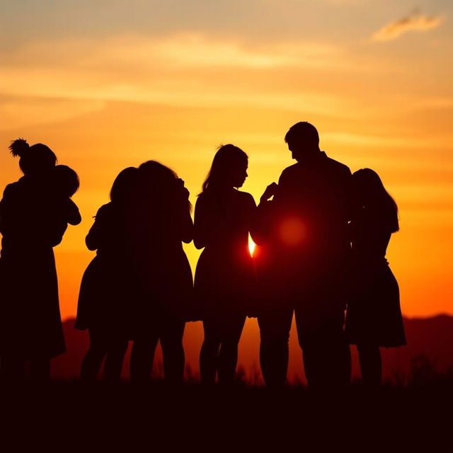 A touching silhouette scene of multiple people comforting each other