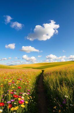 A serene summer landscape, featuring a vibrant field of wildflowers in full bloom under a bright blue sky with fluffy white clouds