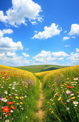A serene summer landscape, featuring a vibrant field of wildflowers in full bloom under a bright blue sky with fluffy white clouds