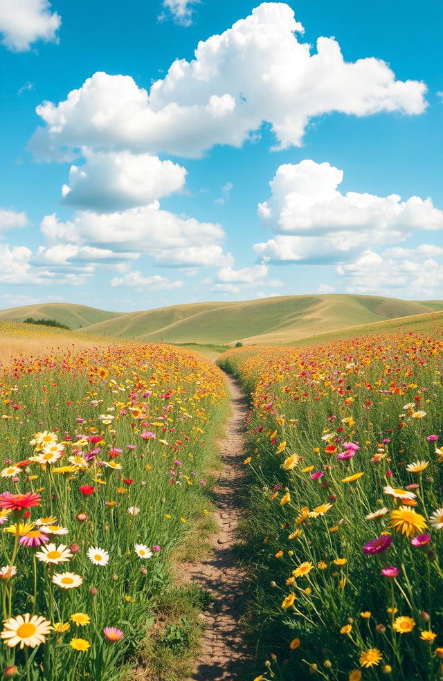 A serene summer landscape, featuring a vibrant field of wildflowers in full bloom under a bright blue sky with fluffy white clouds