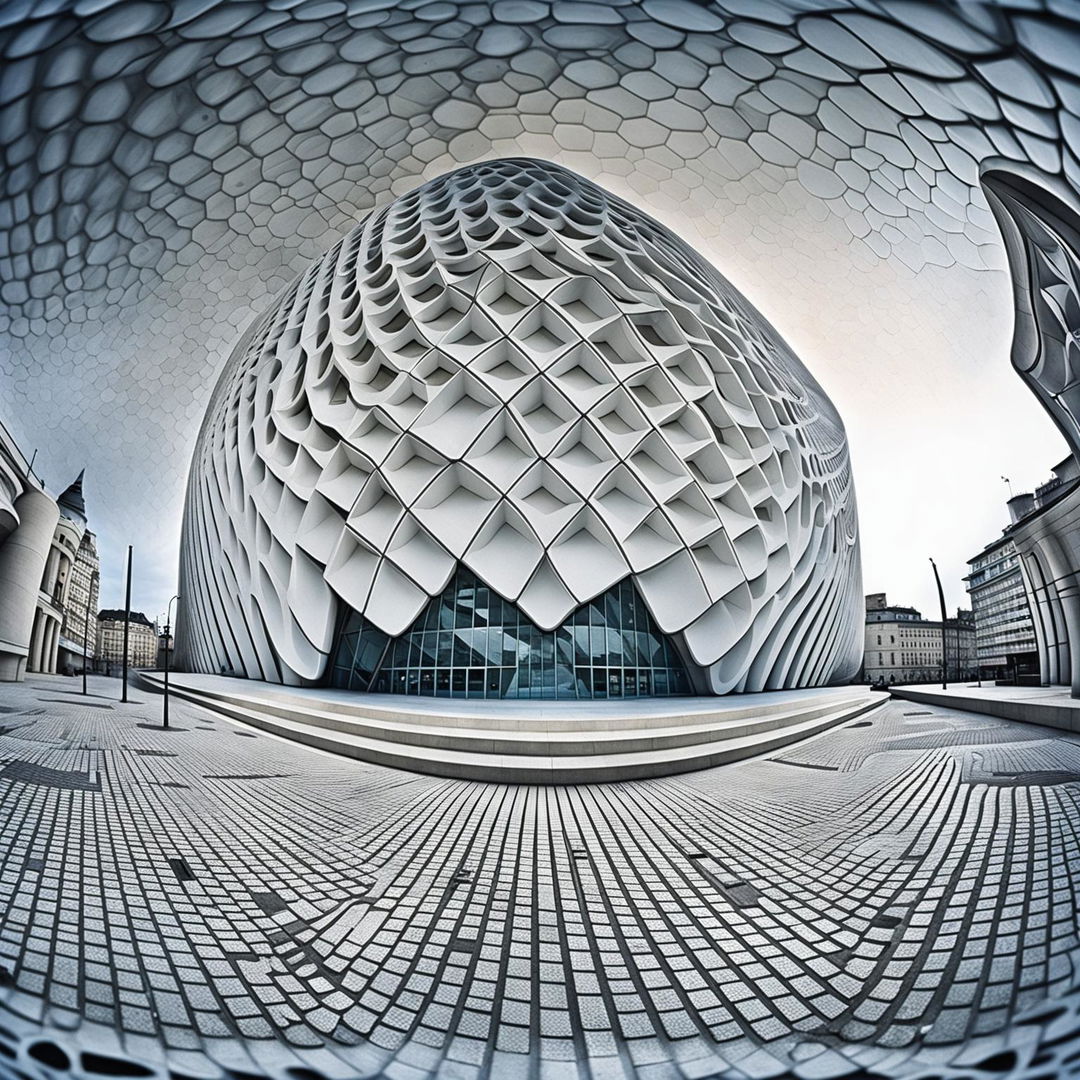 A Zaha Hadid-inspired futuristic civic building made of curved white concrete with a honeycomb facade in a city square, captured with a fisheye lens. The soft sunlight casts intriguing shadows on the cobbled pavement and plays off the undulating form of the building. Camera set to manual mode, f/8, ISO 200.