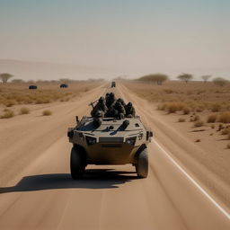 One state-of-the-art armored military vehicle leading a procession, followed by six kidnappers decked in skeleton face masks and normal bullet-proof vests. They move along a solitary one-lane freeway, void of other vehicles, under the stark light of day.