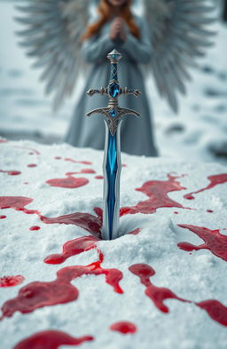 A stunning jewelled blue sword plunged into a blanket of pristine snow, surrounded by patches of vivid red blood staining the white surface