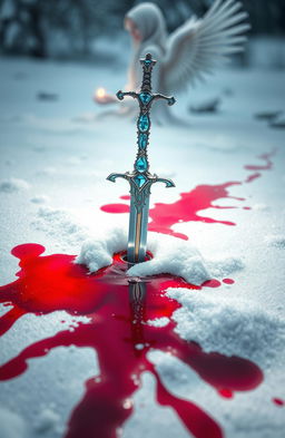 A stunning jewelled blue sword plunged into a blanket of pristine snow, surrounded by patches of vivid red blood staining the white surface