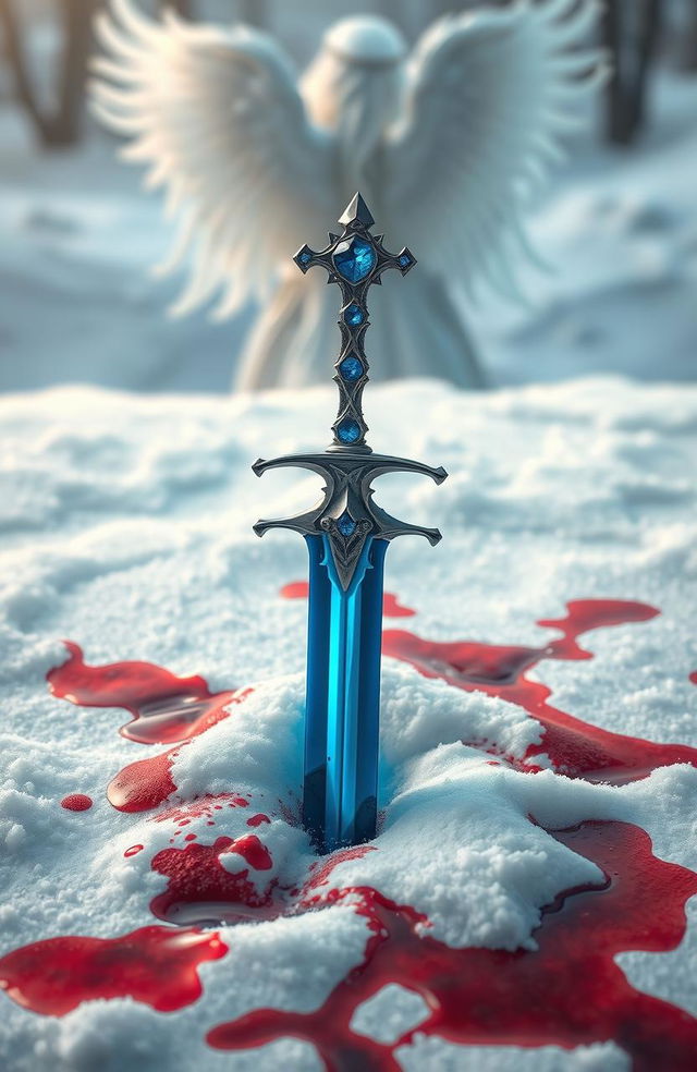 A stunning jewelled blue sword plunged into a blanket of pristine snow, surrounded by patches of vivid red blood staining the white surface