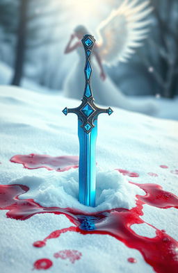 A stunning jewelled blue sword plunged into a blanket of pristine snow, surrounded by patches of vivid red blood staining the white surface