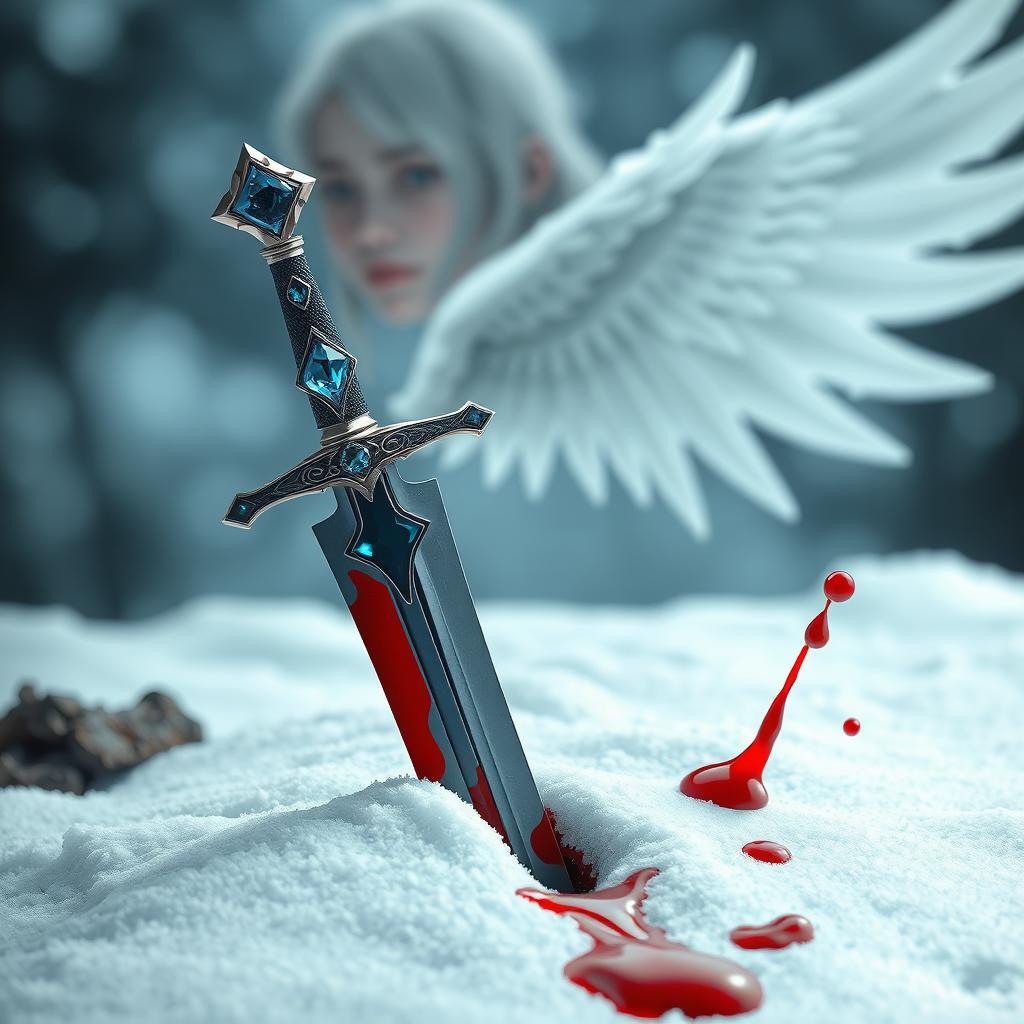 A large and beautifully designed jewelled blue sword stabbed into the pristine snow, with vivid red blood pooling in the right corner of the scene