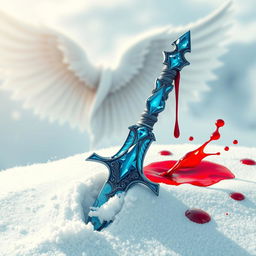 A large and beautifully designed jewelled blue sword stabbed into the pristine snow, with vivid red blood pooling in the right corner of the scene