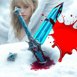 A large and beautifully designed jewelled blue sword stabbed into the pristine snow, with vivid red blood pooling in the right corner of the scene