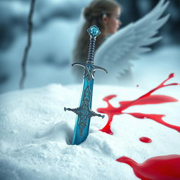 A large and beautifully designed jewelled blue sword stabbed into the pristine snow, with vivid red blood pooling in the right corner of the scene
