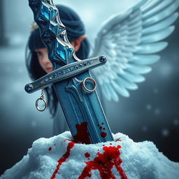 A large and beautifully crafted jewelled blue sword firmly stabbed into a blanket of snow, with blood splattered around the blade, accentuating the dramatic scene