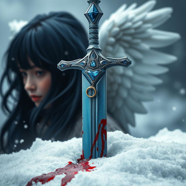 A large and beautifully crafted jewelled blue sword firmly stabbed into a blanket of snow, with blood splattered around the blade, accentuating the dramatic scene