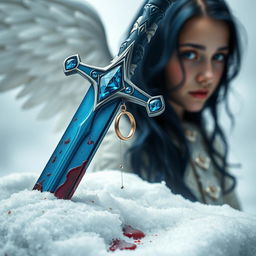 A large and beautifully crafted jewelled blue sword firmly stabbed into a blanket of snow, with blood splattered around the blade, accentuating the dramatic scene