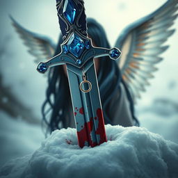 A large and beautifully crafted jewelled blue sword firmly stabbed into a blanket of snow, with blood splattered around the blade, accentuating the dramatic scene