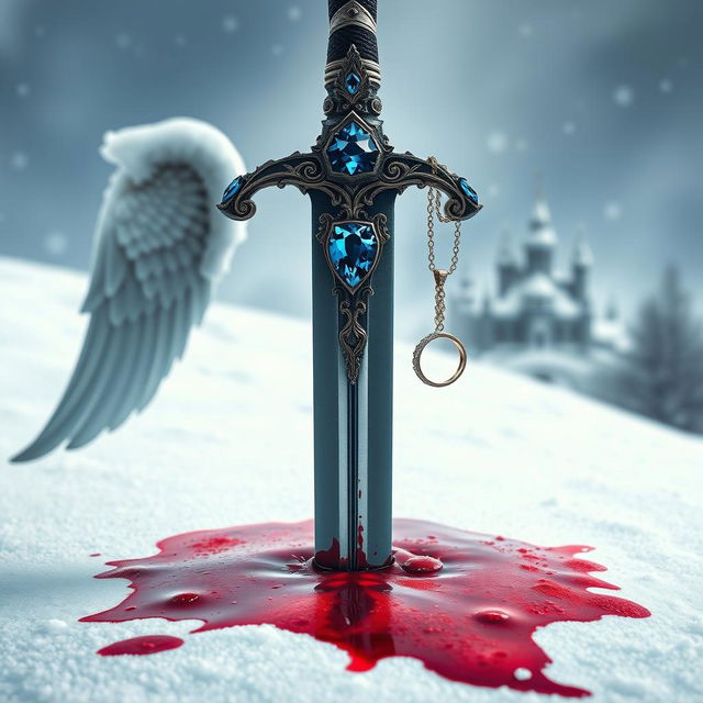 A large, beautifully crafted jewelled blue sword stabbed into a snowy landscape, with dark red blood staining the snow around it, creating a striking visual impact