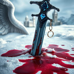 A large, beautifully crafted jewelled blue sword stabbed into a snowy landscape, with dark red blood staining the snow around it, creating a striking visual impact