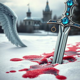 A large, beautifully crafted jewelled blue sword stabbed into a snowy landscape, with dark red blood staining the snow around it, creating a striking visual impact