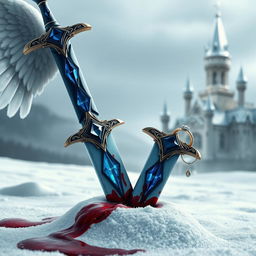 A large, beautifully crafted jewelled blue sword stabbed into a snowy landscape, with dark red blood staining the snow around it, creating a striking visual impact