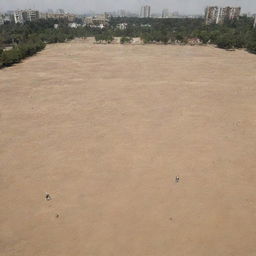 The previously bustling, advanced city now undergoing a severe drought, with parched parks, dried-up fountains, and the citizens facing the scorching sun with water scarcity.