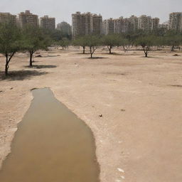 The previously bustling, advanced city now undergoing a severe drought, with parched parks, dried-up fountains, and the citizens facing the scorching sun with water scarcity.