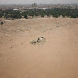 The previously bustling, advanced city now undergoing a severe drought, with parched parks, dried-up fountains, and the citizens facing the scorching sun with water scarcity.