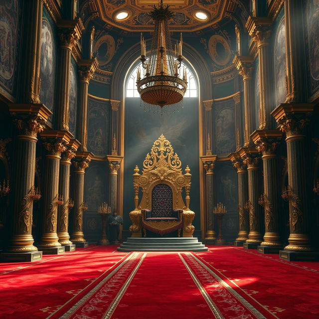 A grand royal throne room, richly decorated with intricate details, featuring a large, ornate throne made of gilded wood and adorned with jewels