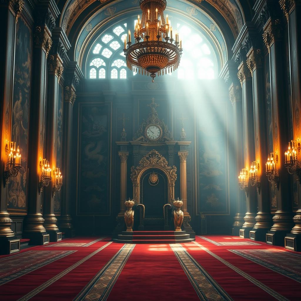 A grand royal throne room, richly decorated with intricate details, featuring a large, ornate throne made of gilded wood and adorned with jewels