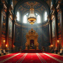 A grand royal throne room, richly decorated with intricate details, featuring a large, ornate throne made of gilded wood and adorned with jewels