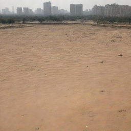 The previously bustling, advanced city now undergoing a severe drought, with parched parks, dried-up fountains, and the citizens facing the scorching sun with water scarcity.