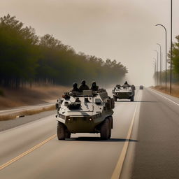 One state-of-the-art armored military vehicle leading a procession, followed by six kidnappers decked in skeleton face masks and normal bullet-proof vests. They move along a solitary one-lane freeway, void of other vehicles, under the stark light of day.