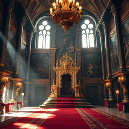 A grand royal throne room, richly decorated with intricate details, featuring a large, ornate throne made of gilded wood and adorned with jewels