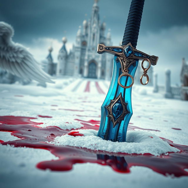 A large, exquisitely crafted jewelled blue sword plunged into a blanket of white snow, surrounded by dark red blood that stains the ground around it