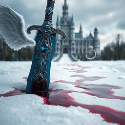 A large, exquisitely crafted jewelled blue sword plunged into a blanket of white snow, surrounded by dark red blood that stains the ground around it