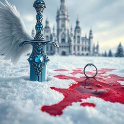 A large, exquisitely crafted jewelled blue sword plunged into a blanket of white snow, surrounded by dark red blood that stains the ground around it
