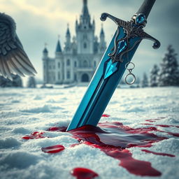 A large, exquisitely crafted jewelled blue sword plunged into a blanket of white snow, surrounded by dark red blood that stains the ground around it