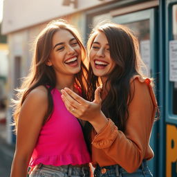 Two young women playful and exhilaratingly engaging in a flirtatious game with each other, showcasing their joy and intimacy