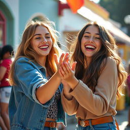 Two young women playful and exhilaratingly engaging in a flirtatious game with each other, showcasing their joy and intimacy