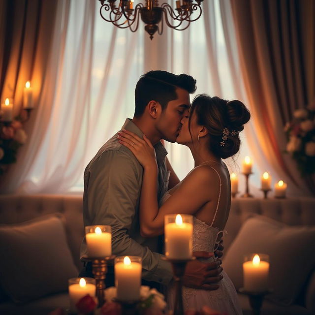 A romantic and intimate scene depicting a couple sharing a passionate kiss in a softly lit room, surrounded by candles casting a warm glow