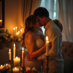 A romantic and intimate scene depicting a couple sharing a passionate kiss in a softly lit room, surrounded by candles casting a warm glow