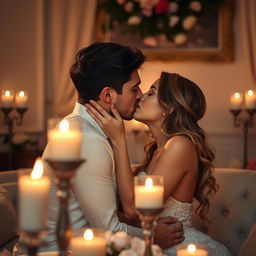 A romantic and intimate scene depicting a couple sharing a passionate kiss in a softly lit room, surrounded by candles casting a warm glow